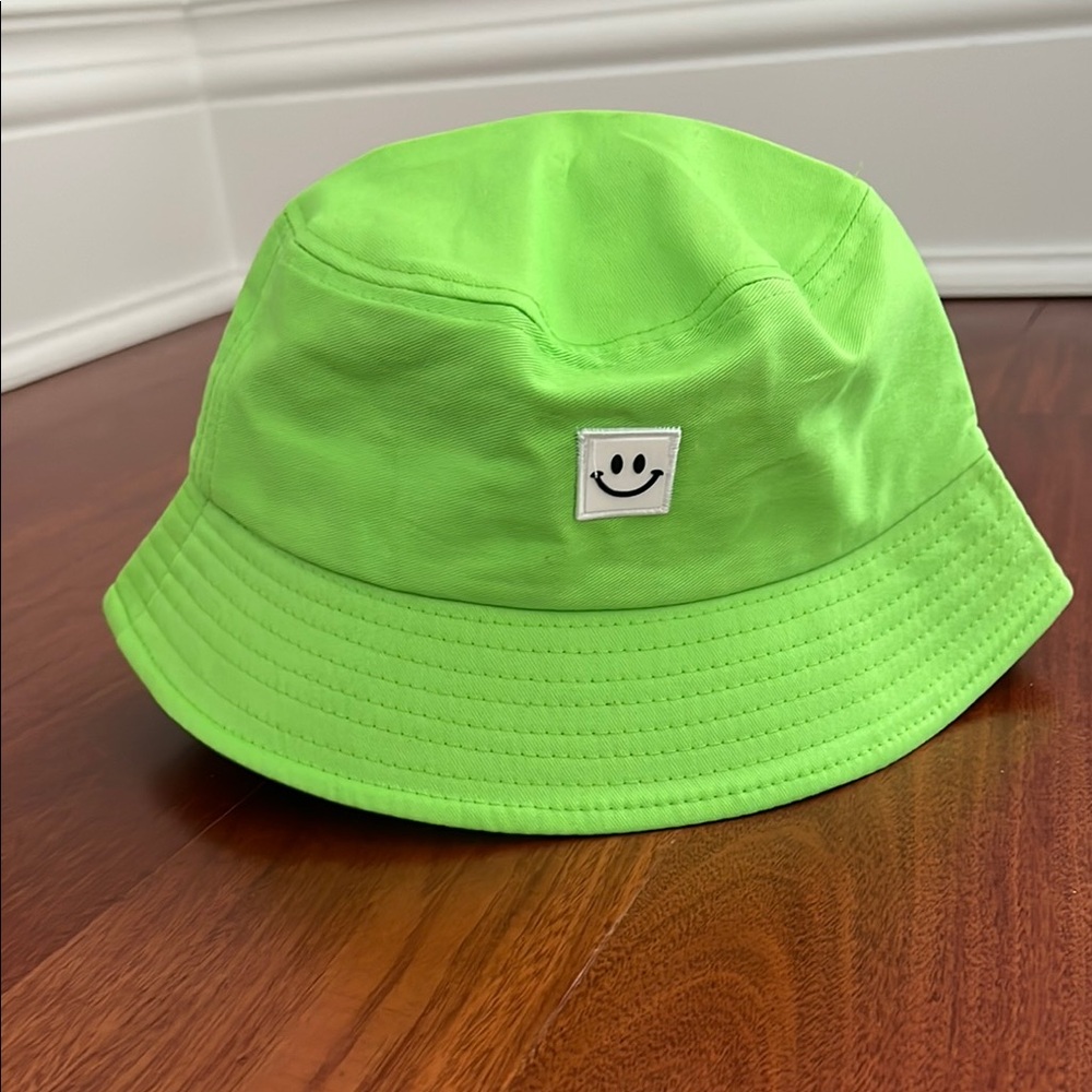 Bright Green Bucket Hat with Smiley Patch
